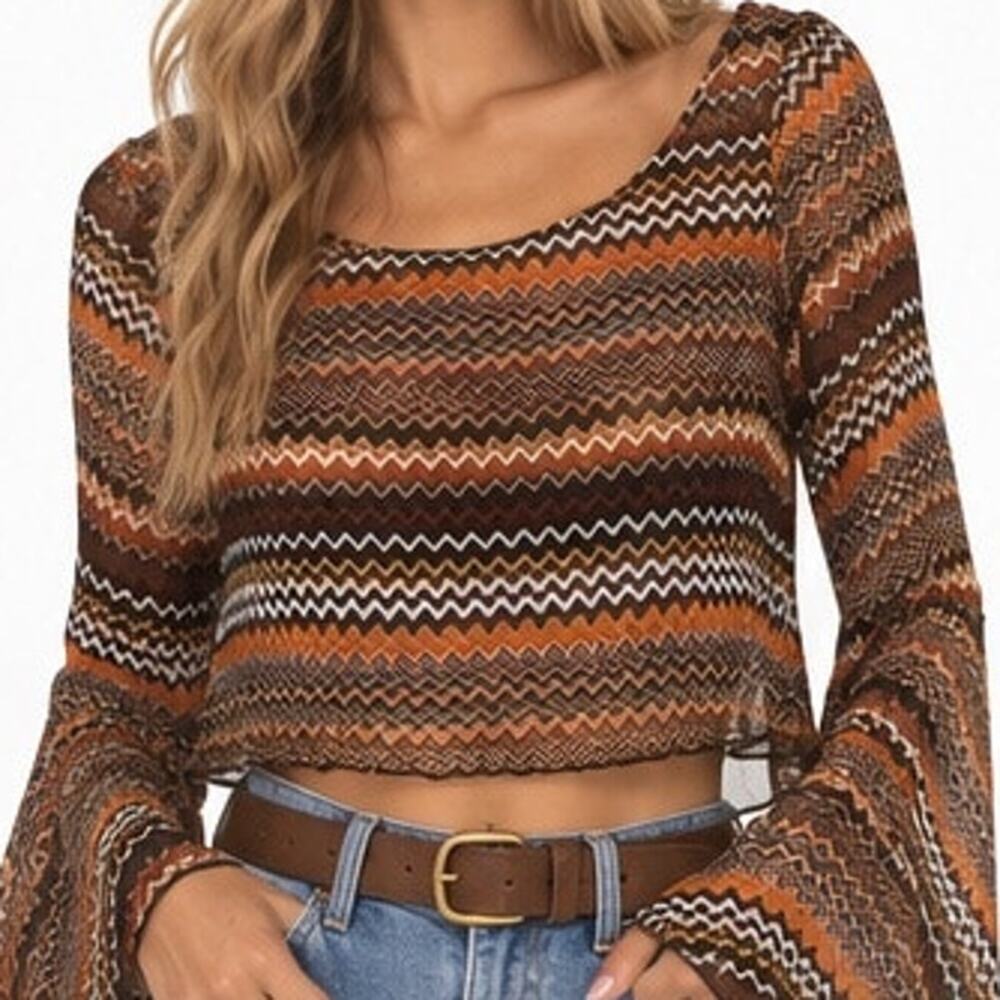 LOVE Retro Crop Top Long Sleeve Geometric Bell Sleeves Sheer Orange Gold Small